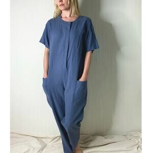 7115 BY SZEKI Mechanic Blue Linen Gauze Short Sleeve Jumpsuit US SMALL